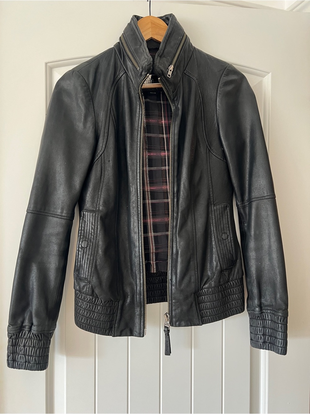 Mackage Women’s Black Leather Zip-Front Jacket with rushing - Size XS